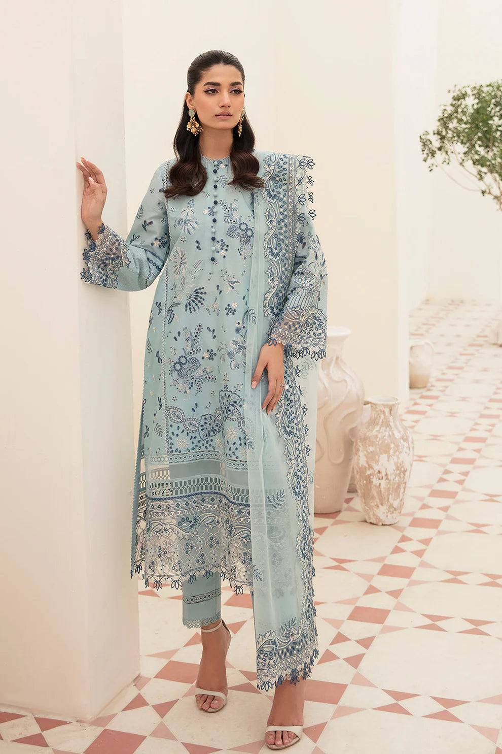 ADAN LIBAAS- 3PC LAWN CHIKENKARI EMBROIDERED SHIRT WITH ORGANZA EMBROIDERED DUPATTA-ADR-2784