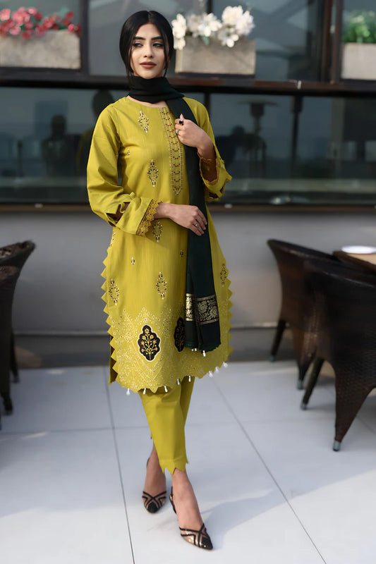 ADORE-3PC KHADDAR CUTWORK EMBROIDERED SHIRT WITH KASHMIRI JACQUARD WOOL SHAWL-ADR-1514