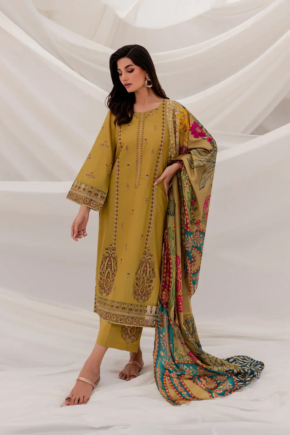 BATIK - 3PC DHANAK EMBROIDERED SHIRT WITH COUTURE WOOL SHAWL & TROUSER-ADR-3142