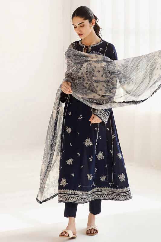 JAZMIN-3PC DHANAK SEQUENCE EMBROIDERED SHIRT WITH COUTRAI PRINTED SHAWL & DHANAK TOUSER-ADR-4182