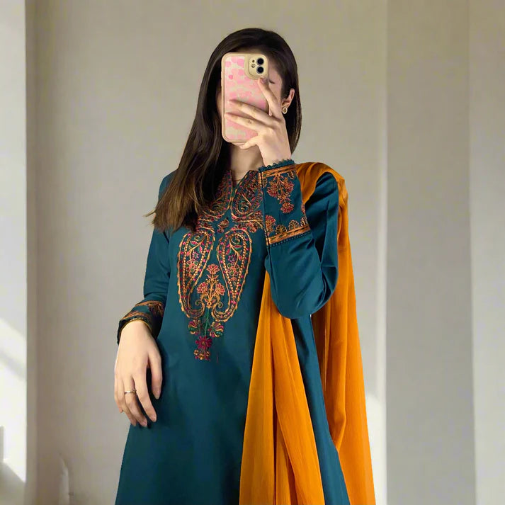 ADORE-3PC DHANAK EMBROIDRED SHIRT WITH WOOL SHAWL AND TROUSER-ADR-3290 B