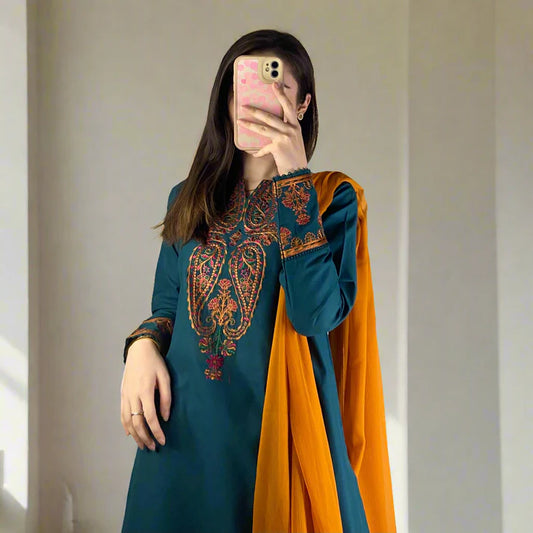 ADORE-3PC DHANAK EMBROIDRED SHIRT WITH WOOL SHAWL AND TROUSER-ADR-3290 B