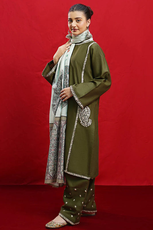 Urge- 3PC Dhanak Embroidered Shirt With Dhanak Twil Print Wool Shawl & Trouser-ADR-3361