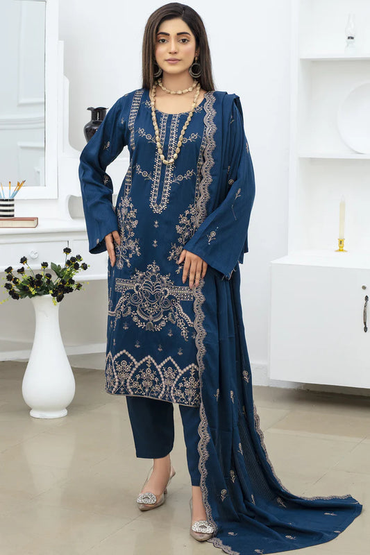ADORE-3PC DHANAK EMBROIDRED SHIRT WITH DHANAK EMBROIDRED SHAWL AND TROUSER-ADR