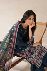 SAPPHIRE-3PC DHANAK EMBROIDERED SHIRT WITH COURTRAI WOOL PRINTED SHAWL AND TROUSER -ADR-4310