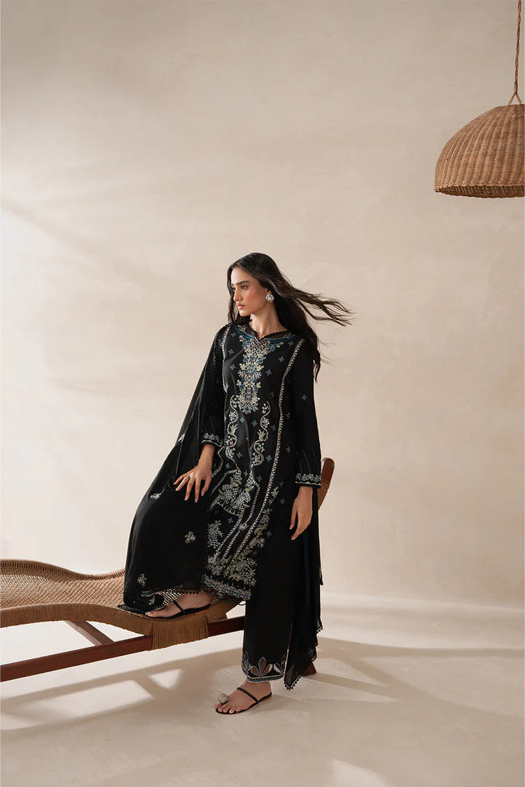 BEECHTREE-3PC KARANDI EMBROIDERED SHIRT WITH KHADDI NET EMBROIDERED DUPATTA AND EMB TROUSER-ADR-4258