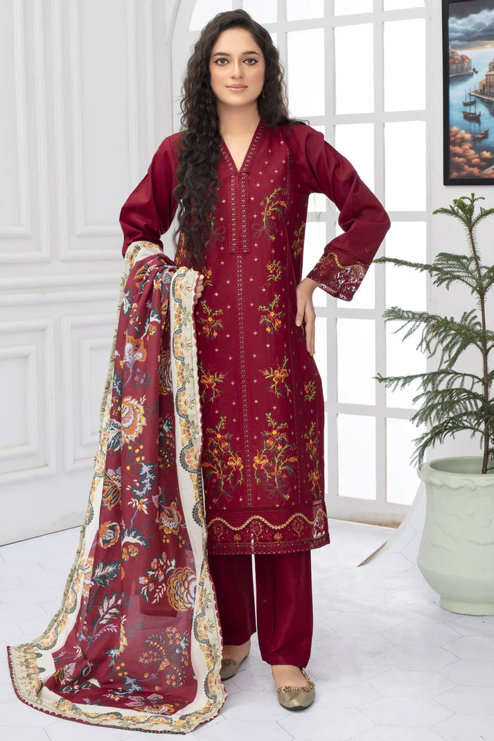 ADR -WINTER COTTON 3PC EMBROIDERED SHIRT WITH DORIA PRINTED SHAWL-ADR-2004