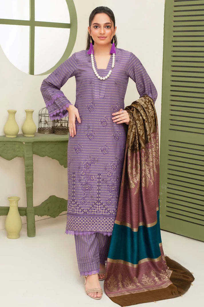 ADR-3PC KHADAR CUTWORK EMBROIDERED SHIRT WITH KASHMIRI JACQUARD WOOL SHAWL-ADR-1513