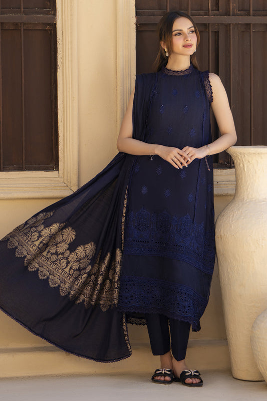 MIRAKHI-3PC LAWN CHIKENKARI EMBROIDERED SHIRT WITH LAWN JAQUARD PRINT DUPATTA -ADR-5300
