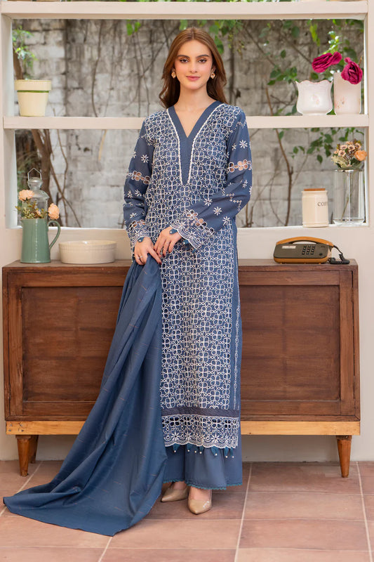 MIRAKHI-3PC LAWN CHIKENKARI EMBROIDERED SHIRT WITH LAWN TUBE SLUB DUPATTA-ADR