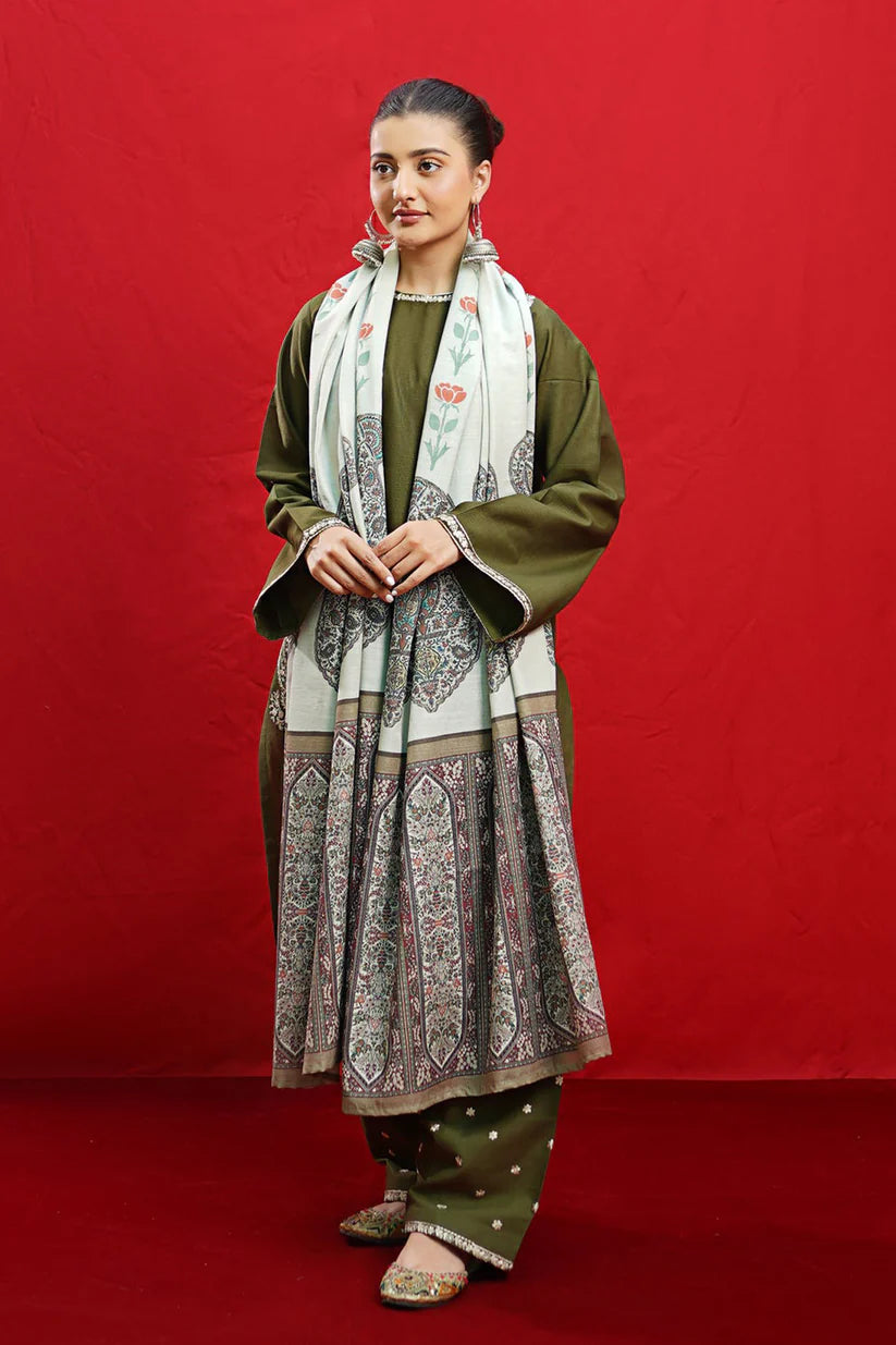 Urge- 3PC Dhanak Embroidered Shirt With Dhanak Twil Print Wool Shawl & Trouser-ADR-3361