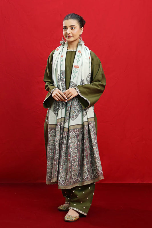 Urge- 3PC Dhanak Embroidered Shirt With Dhanak Twil Print Wool Shawl & Trouser-ADR-3361