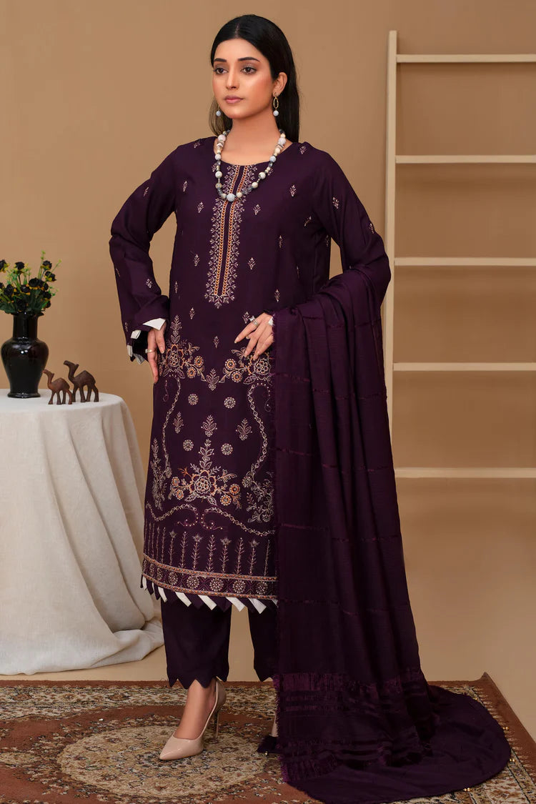 ADORE-3PC Dhanak Embroidered Shirt with Velvet Dhanak Shawl and Trouser-ADR-PLUM