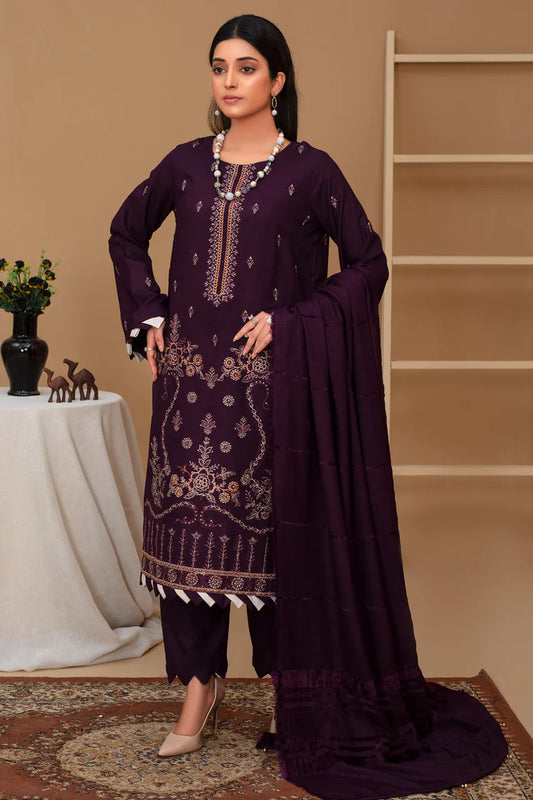 ADORE-3PC Dhanak Embroidered Shirt with Velvet Dhanak Shawl and Trouser-ADR-PLUM