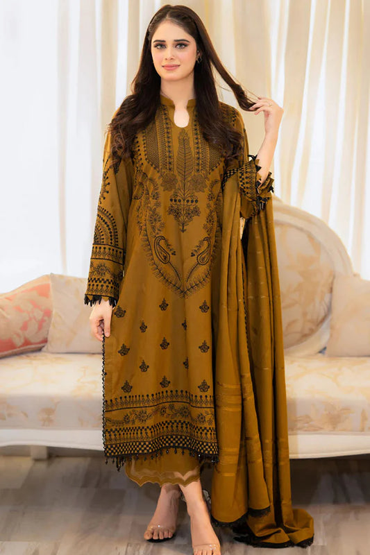 LIBAAS-3PC DHANAK EMBROIDERED SHIRT WITH VELVET DHANAK EMBROIDERED SHAWL & TROUSER-ADR-4183