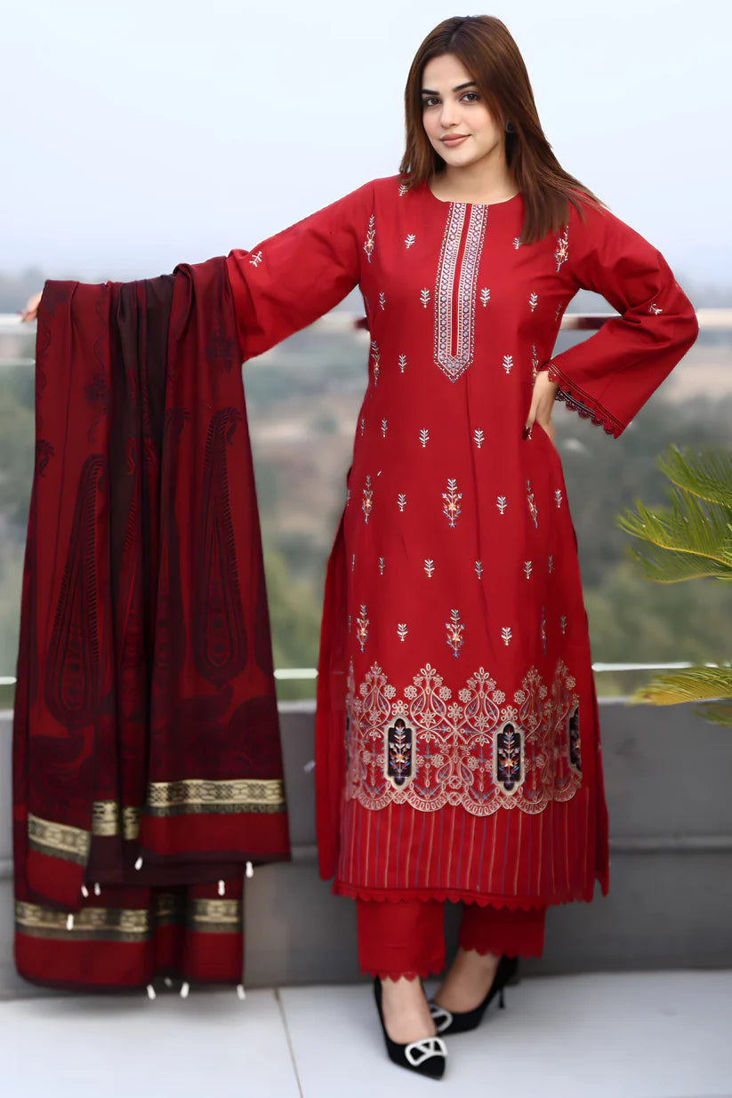 ADR-3PC DHANAK CUTWORK EMBROIDERED SHIRT WITH KASHMIRI JACQUARD WOOL SHAWL-ADR-1513