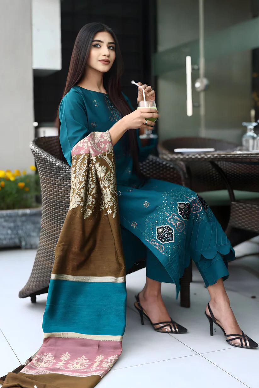 ADORE-3PC KHADDAR CUTWORK EMBROIDERED SHIRT WITH KASHMIRI JACQUARD WOOL SHAWL-ADR-1516