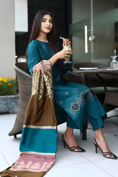 ADORE-3PC KHADDAR CUTWORK EMBROIDERED SHIRT WITH KASHMIRI JACQUARD WOOL SHAWL-ADR-1516