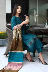 ADORE-3PC KHADDAR CUTWORK EMBROIDERED SHIRT WITH KASHMIRI JACQUARD WOOL SHAWL-ADR-1516
