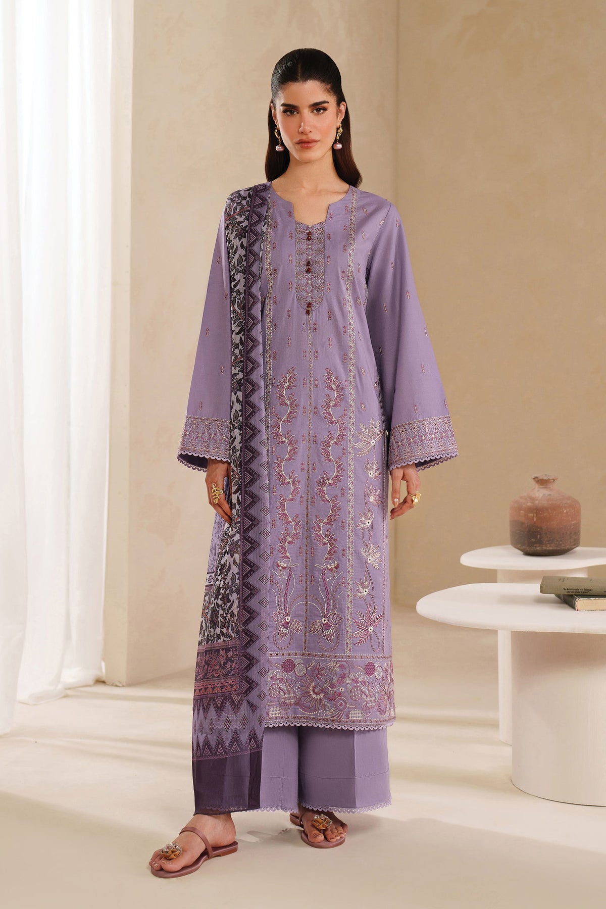 GARNET-3PC DHANAK EMBROIDERED SHIRT WITH COURTRAI PRINTED SHAWL AND TROUSER-ADR-4295