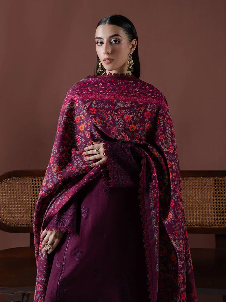 ASIM JOFA-3PC DHANAK EMBROIDERED SHIRT WITH COURTRAI PRINTED SHAWL & TOUSER-ADR-4219