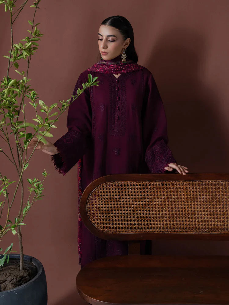 ASIM JOFA-3PC DHANAK EMBROIDERED SHIRT WITH COURTRAI PRINTED SHAWL & TOUSER-ADR-4219