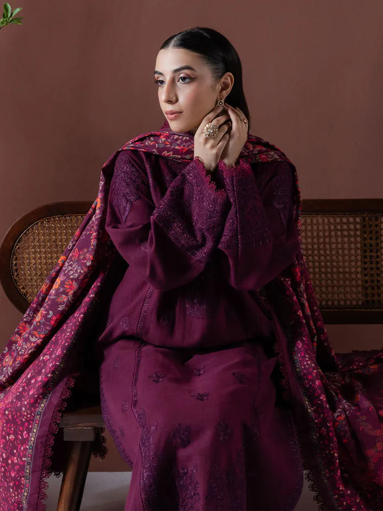ASIM JOFA-3PC DHANAK EMBROIDERED SHIRT WITH COURTRAI PRINTED SHAWL & TOUSER-ADR-4219