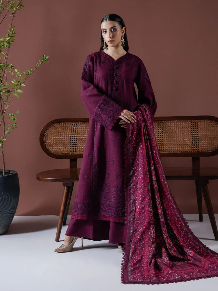 ASIM JOFA-3PC DHANAK EMBROIDERED SHIRT WITH COURTRAI PRINTED SHAWL & TOUSER-ADR-4219