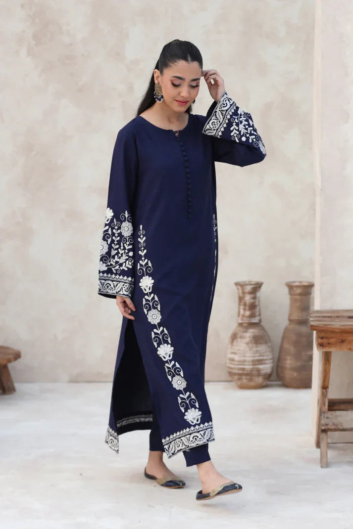 FEROZAE-2PC DHANAK EBROIDERED SHIRT WITH DHANAK EMBROIDERED SLEEVES-ADR-3390