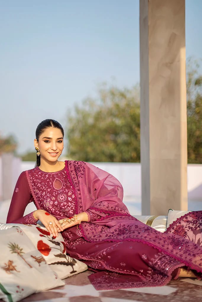 ASIM JOFA-3PC DHANAK EMBROIDERED SHIRT WITH ORGANZA HEAVY EMBROIDERED DUPATTA-ADR-4025