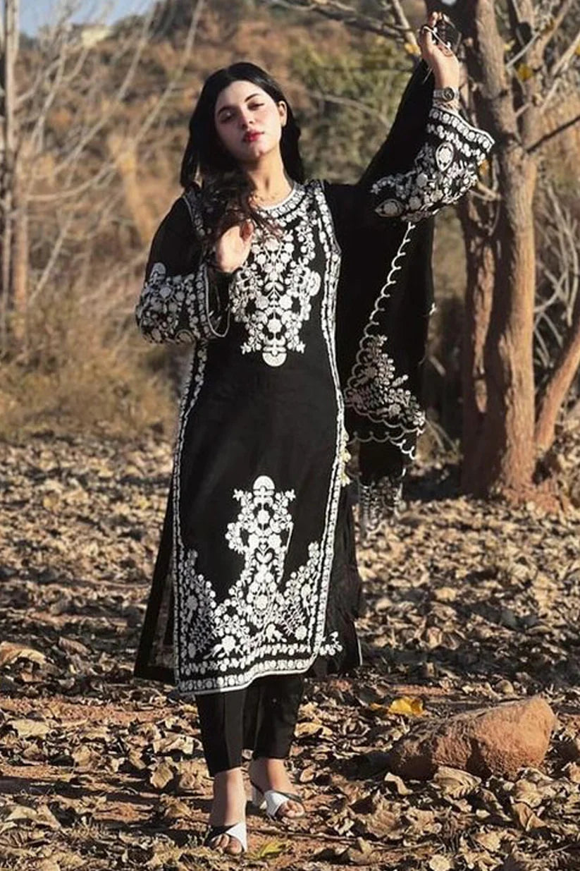 JAZMIN- DHANAK 3PC EMBROIDERED SHIRT WITH DHANAK EMBROIDERED SHAWL WITH TROUSER -ADR-3228-Black