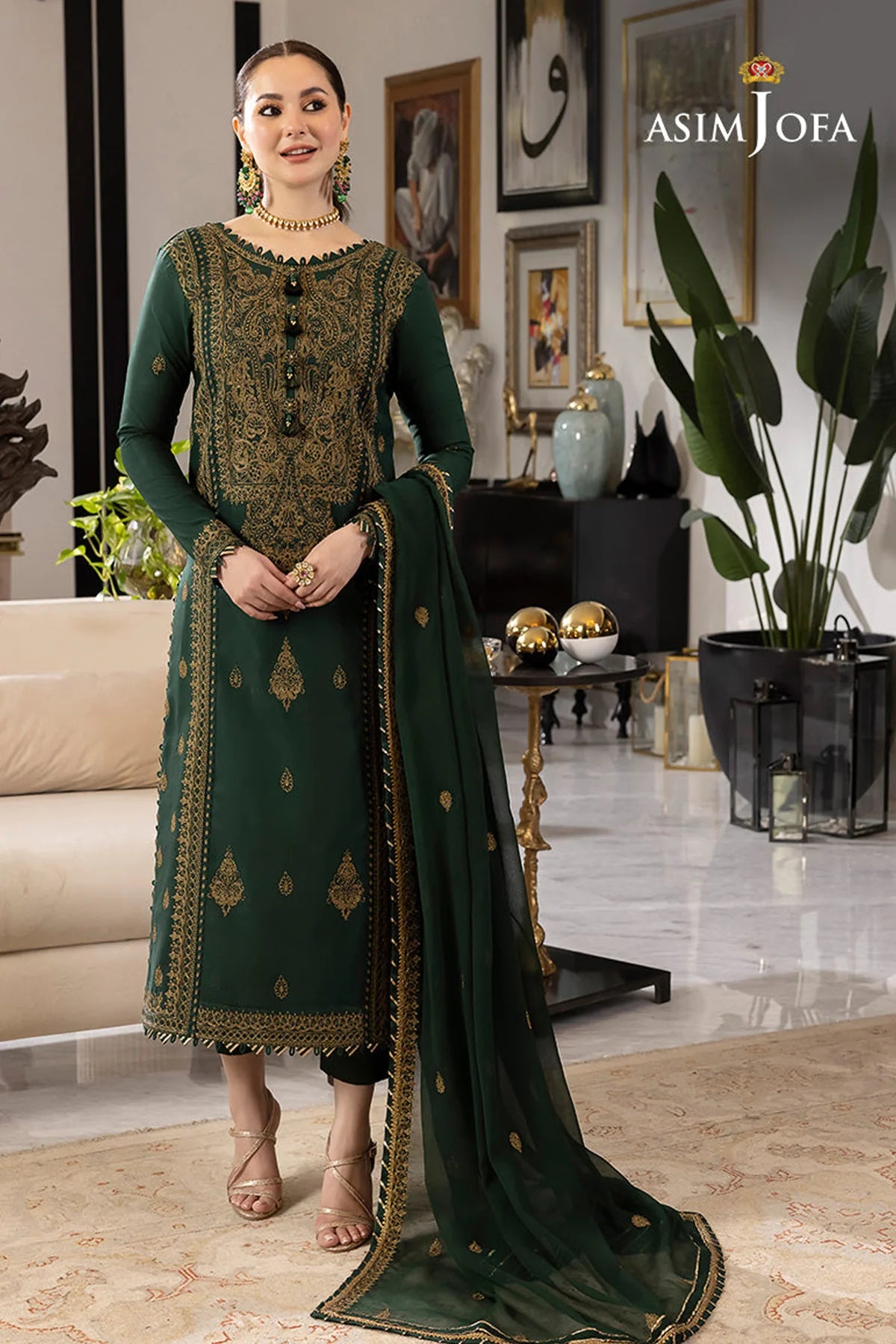 ASIM JOFA-3PC DHANAK EMBROIDRED SHIRT WITH DHANAK EMBROIDRED DUPATTA AND TROUSER-ADR-3198