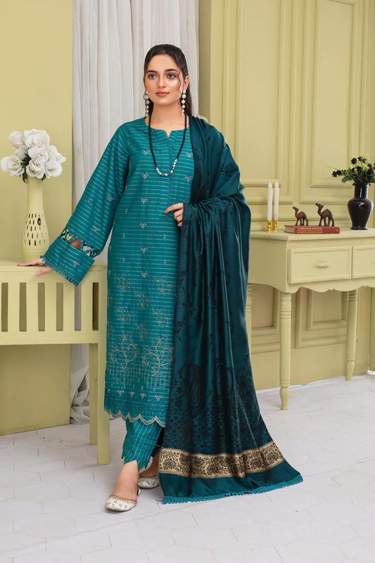 ADR-3PC KHADAR CUTWORK EMBROIDERED SHIRT WITH KASHMIRI JACQUARD WOOL SHAWL-ADR-1501