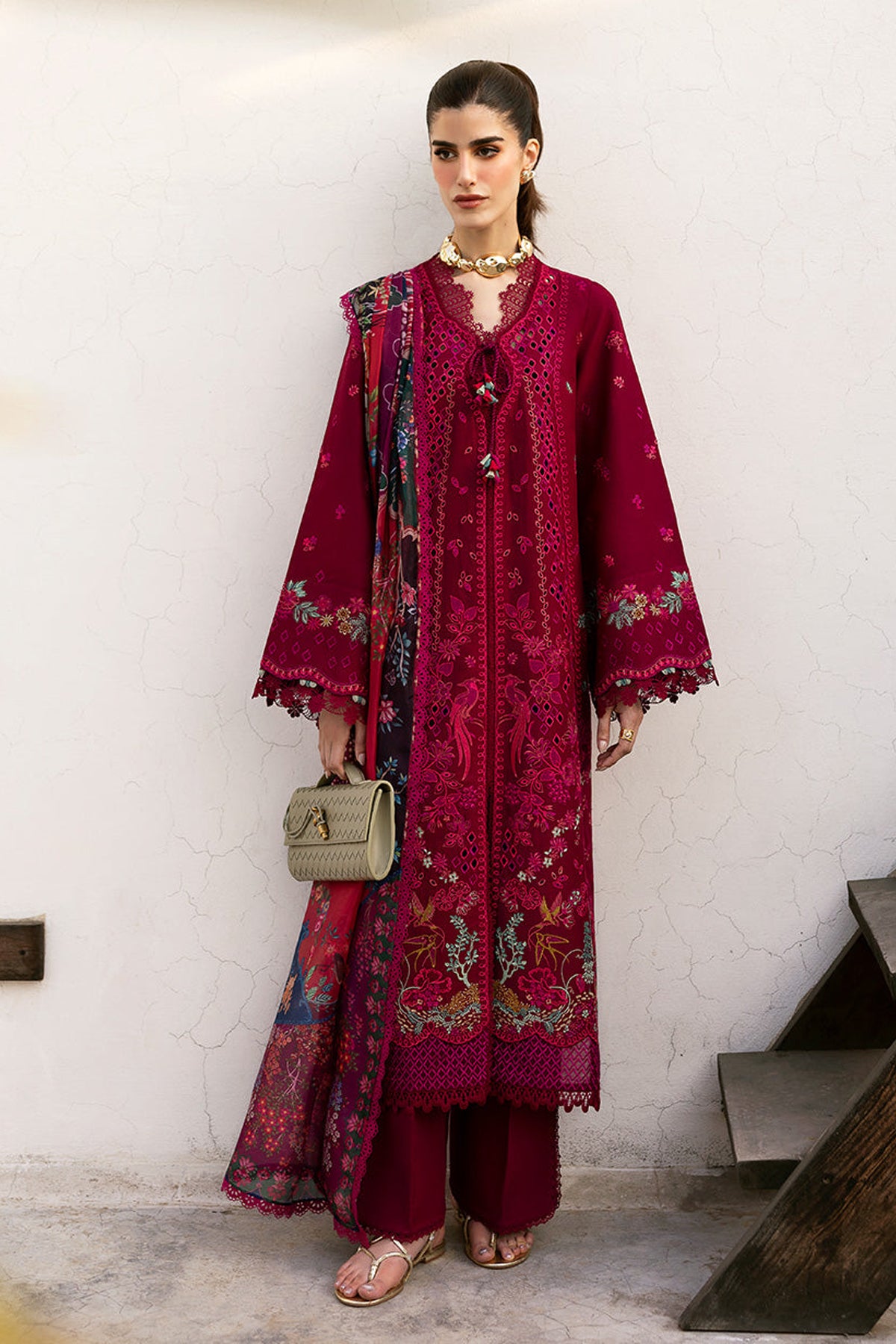 REPUBLIC-3PC DHANAK EMBROIDERED SHIRT WITH COURTRAI PRINTED SHAWL & DHANAK TOUSER-ADR-4278