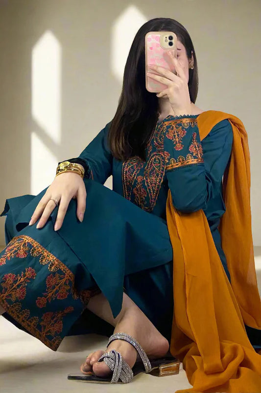 ADORE-3PC DHANAK EMBROIDRED SHIRT WITH WOOL SHAWL AND TROUSER-ADR-3290 B