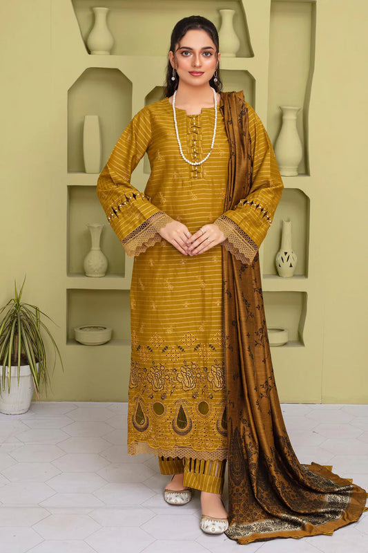 ADR-3PC KHADAR CUTWORK EMBROIDERED SHIRT WITH KASHMIRI JACQUARD WOOL SHAWL-ADR-1502
