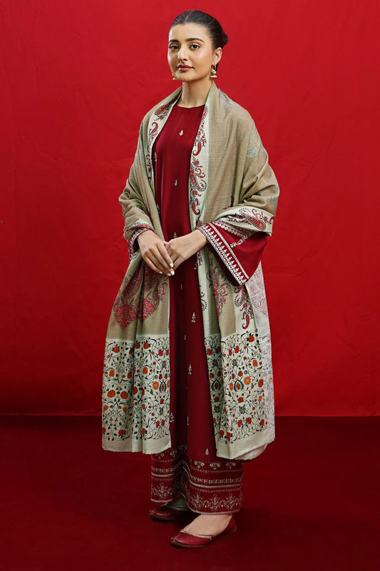 URGE-3PC DHANAK EMBROIDERED SHIRT WITH COUTURE PRINTED SHAWL & EMB TROUSER-ADR-3363
