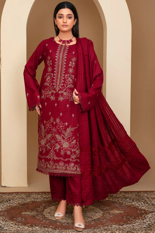 ADR-3PC Dhanak Embroidered Shirt with Velvet Dhanak Shawl and Trouser-ADR-2678 M
