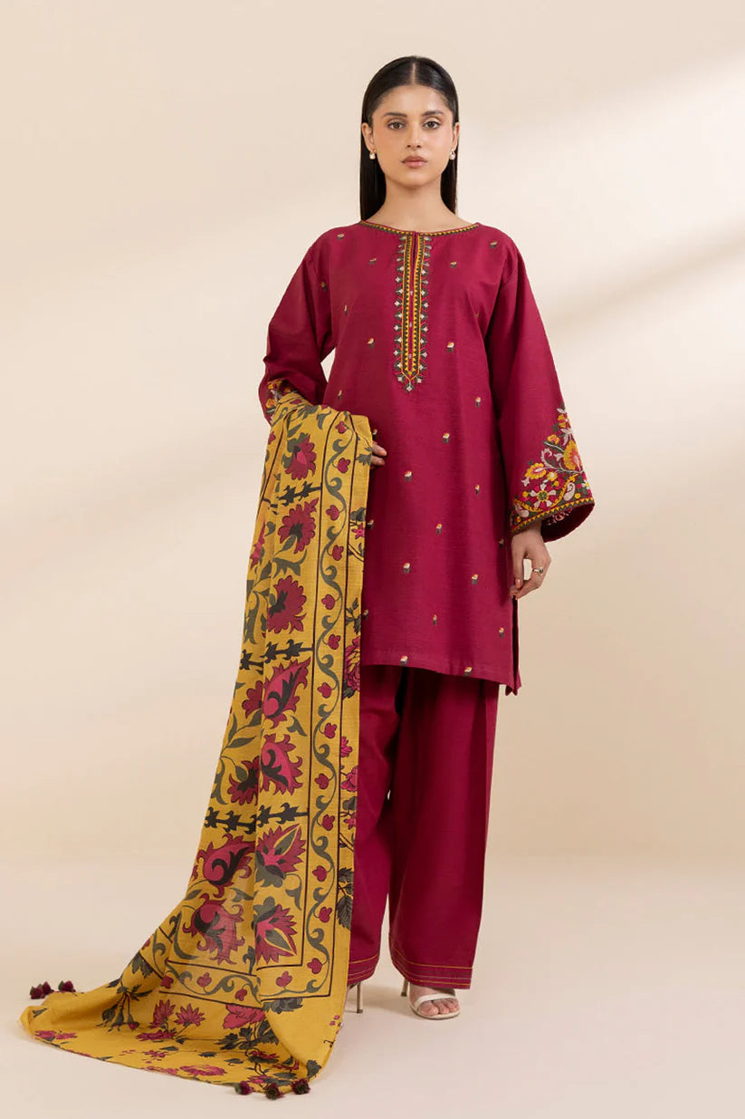 SAPPHIRE- 3PC KHADAR EMBROIDERED SHIRT WITH WOOL PRINT SHAWL AND TROUSER-ADR-3373