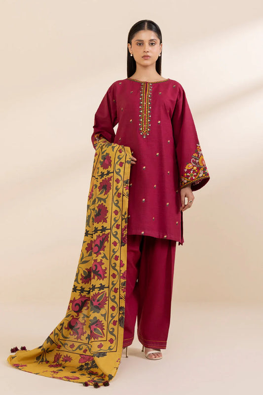 SAPPHIRE- 3PC KHADAR EMBROIDERED SHIRT WITH WOOL PRINT SHAWL AND TROUSER-ADR-3373