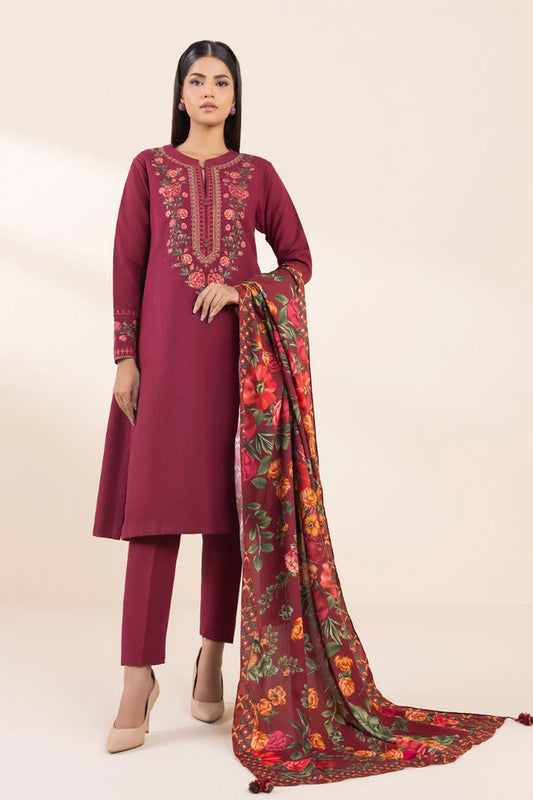 SAPPHIRE- 3PC DHANAK EMBROIDERED SHIRT WITH WOOL PRINT SHAWL AND TROUSER-ADR-3380