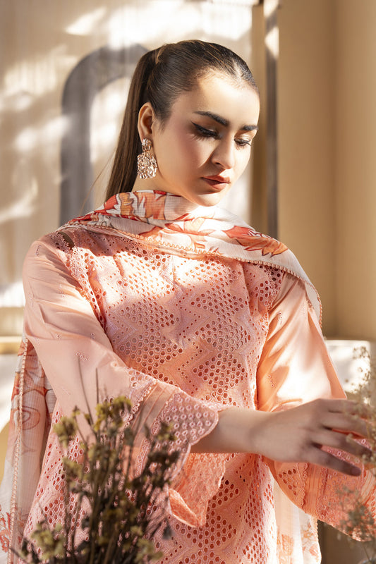 MIRAKHI-3PC LAWN LASERCUT EMBROIDERED SHIRT WITH MOARK PRINT DUPATTA-ADR-VOL-3