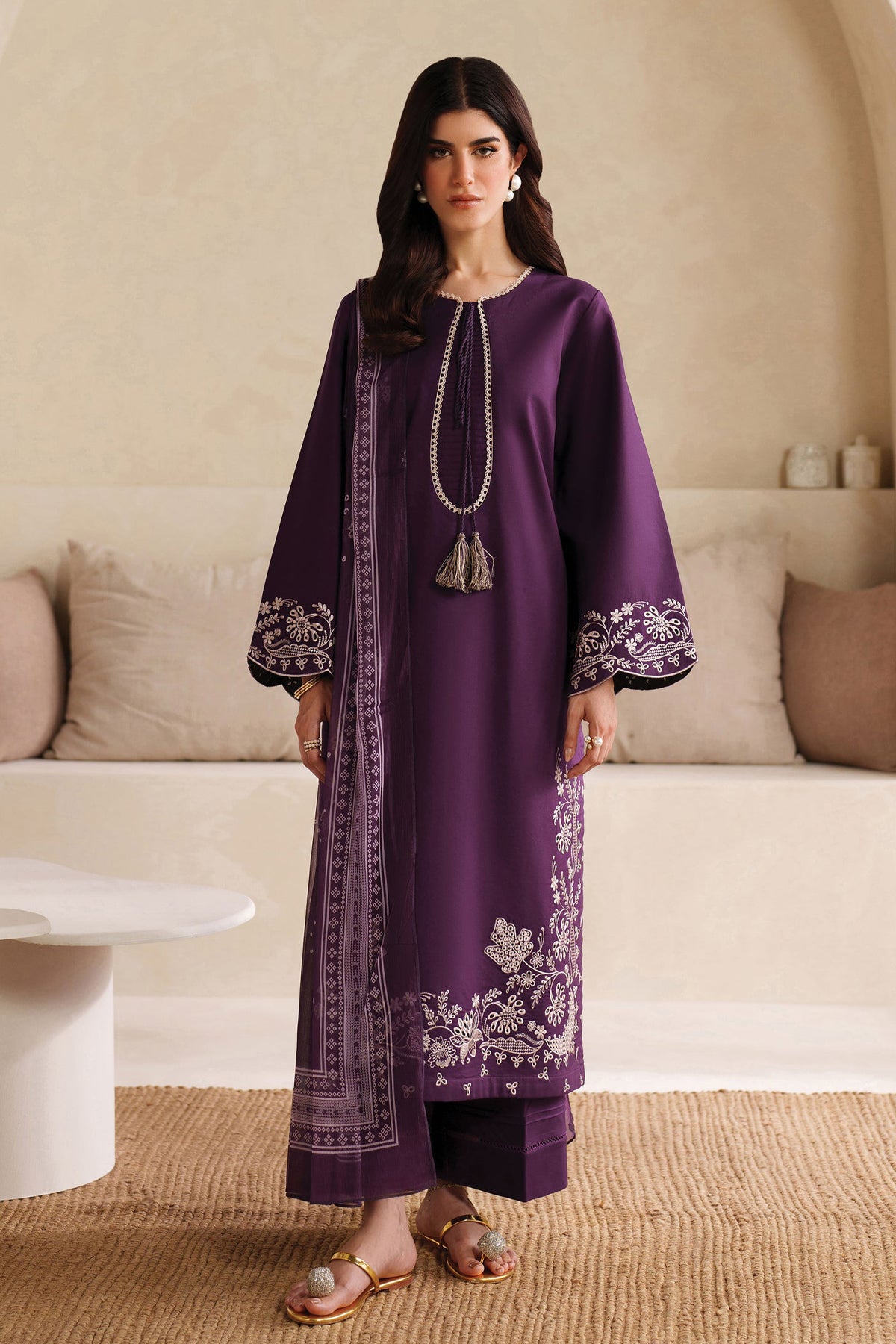 GARNET-3PC DHANAK EMBROIDERED SHIRT WITH COURTRAI PRINTED SHAWL AND TROUSER-ADR-4305