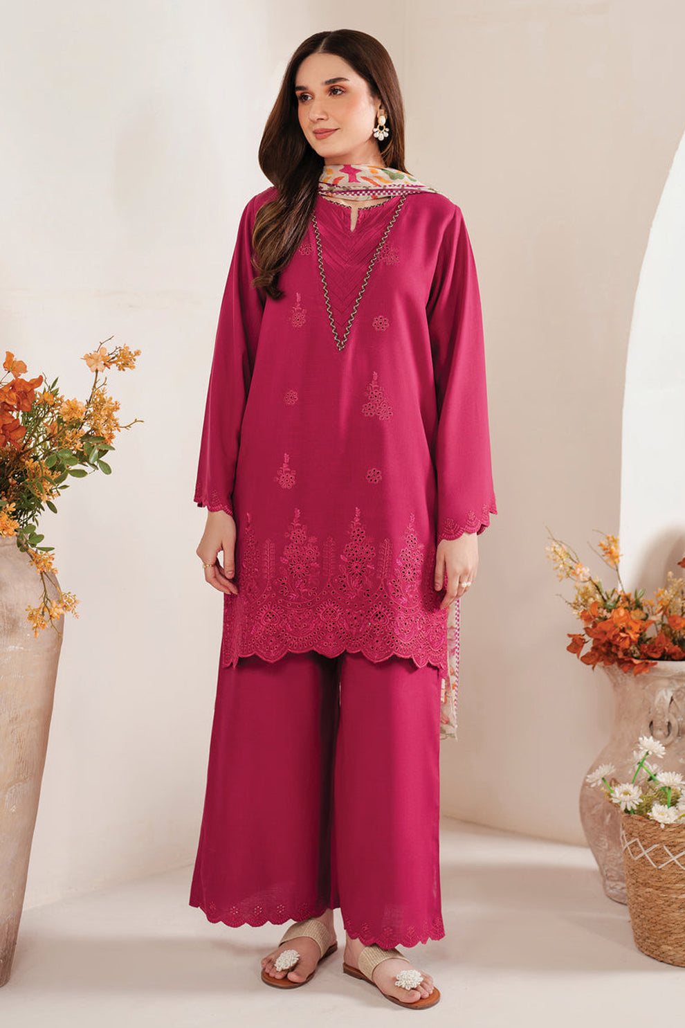 GARNET-3PC LAWN EMBROIDERED SHIRT WITH MONARK PRINT DUPATTA AND EMB TROUSER-ADR-3660