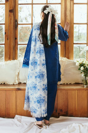 ZAHRA SHAHJAHAN- 3PC LAWN CHIKENKARI EMBROIDERED SHIRT WITH DIAMOND PRINT DUPATTA-ADR-2857-BLUE