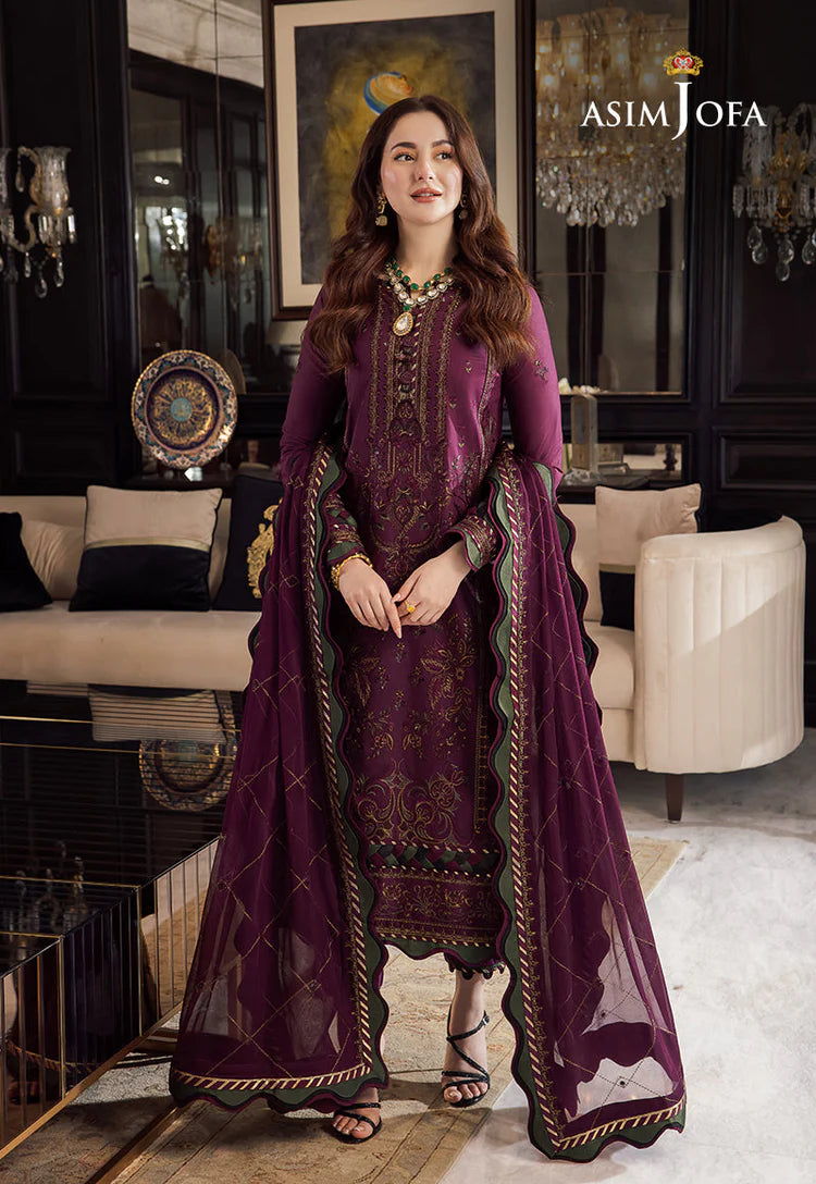 ASIM JOFA-3PC DHANAK EMBROIDERED SHIRT WITH DHANAK EMBROIDERED SHAWL & DHANAK TOUSER-ADR-4291
