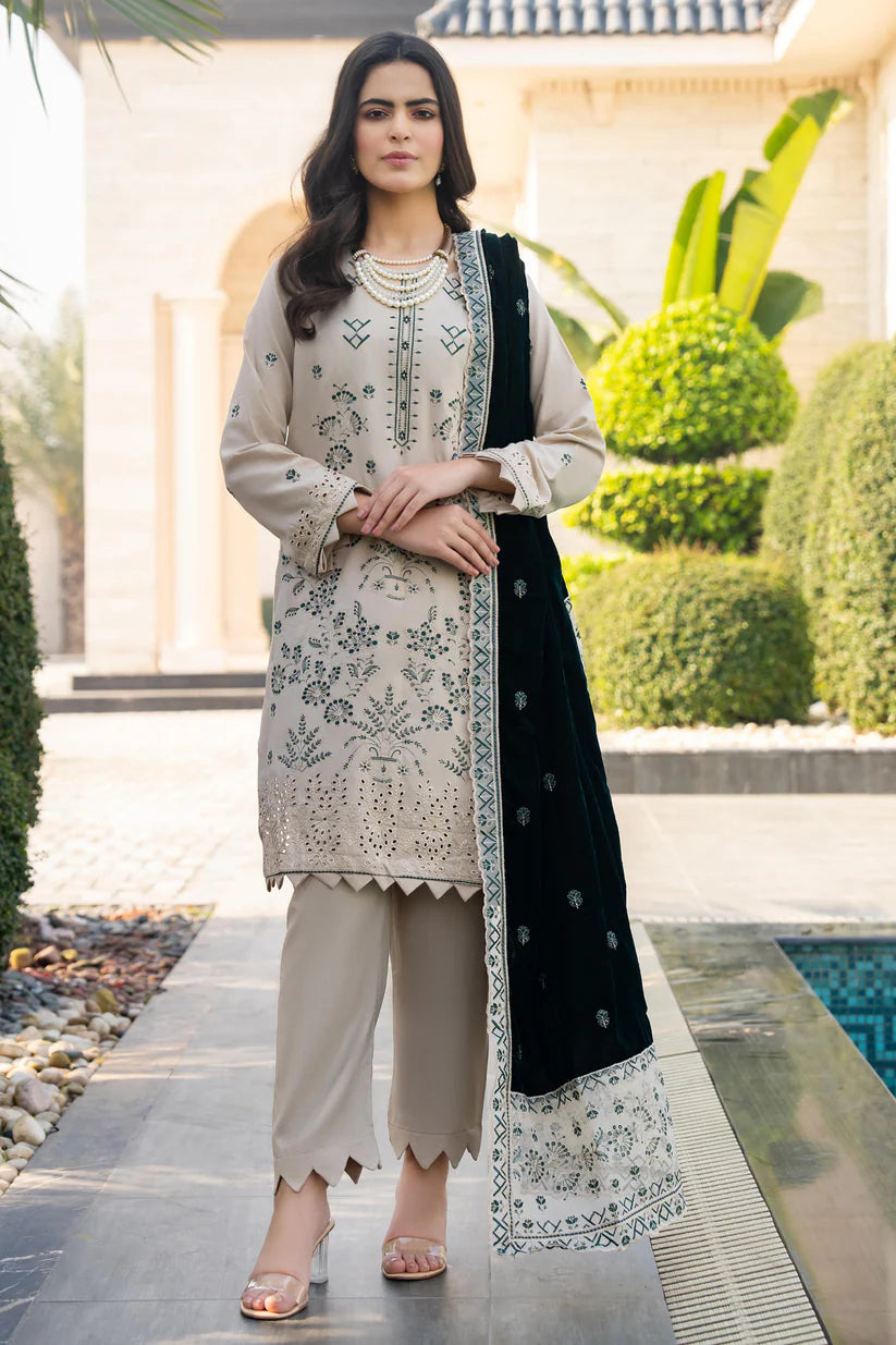 ADORE-3PC DHANAK EMBROIDERED SHIRT WITH VELVET EMBROIDERED READY TO WEAR SHAWL-1520