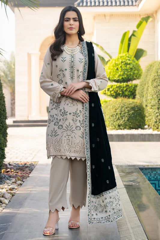 ADORE-3PC DHANAK EMBROIDERED SHIRT WITH VELVET EMBROIDERED READY TO WEAR SHAWL-1520