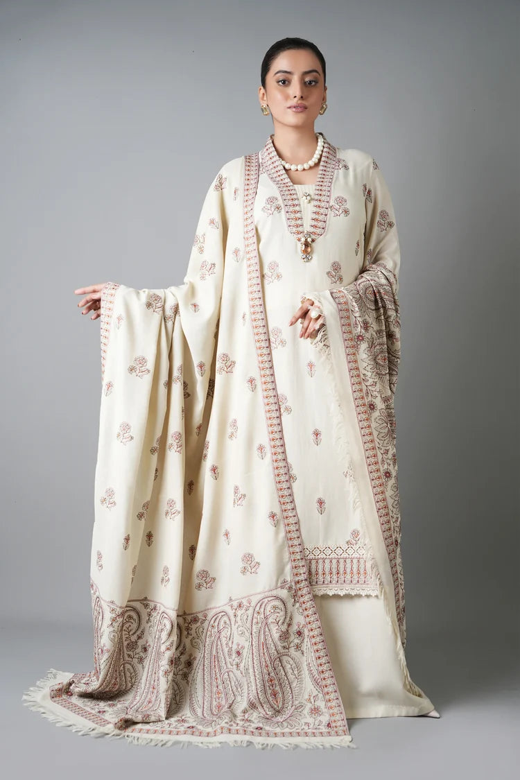 BAREEZE-3PC KARANDI EMBROIDERED SHIRT WITH KARANDI EMBROIDERED SHAWL AND KARANDI TROUSER-ADR-5254