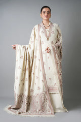 BAREEZE-3PC KARANDI EMBROIDERED SHIRT WITH KARANDI EMBROIDERED SHAWL AND KARANDI TROUSER-ADR-5254